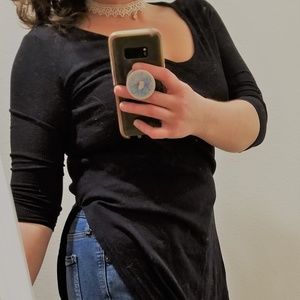 Black V Neck 3/4 Length Ribbed Tunic